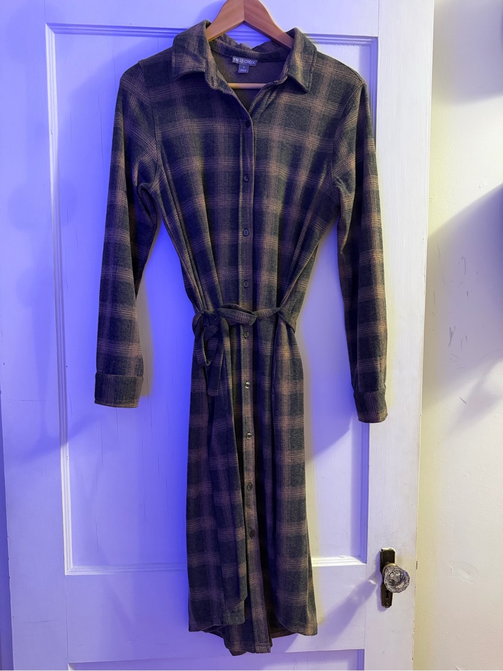Falls Creek Olive Green Plaid Long Sleeve Shirt Dress
